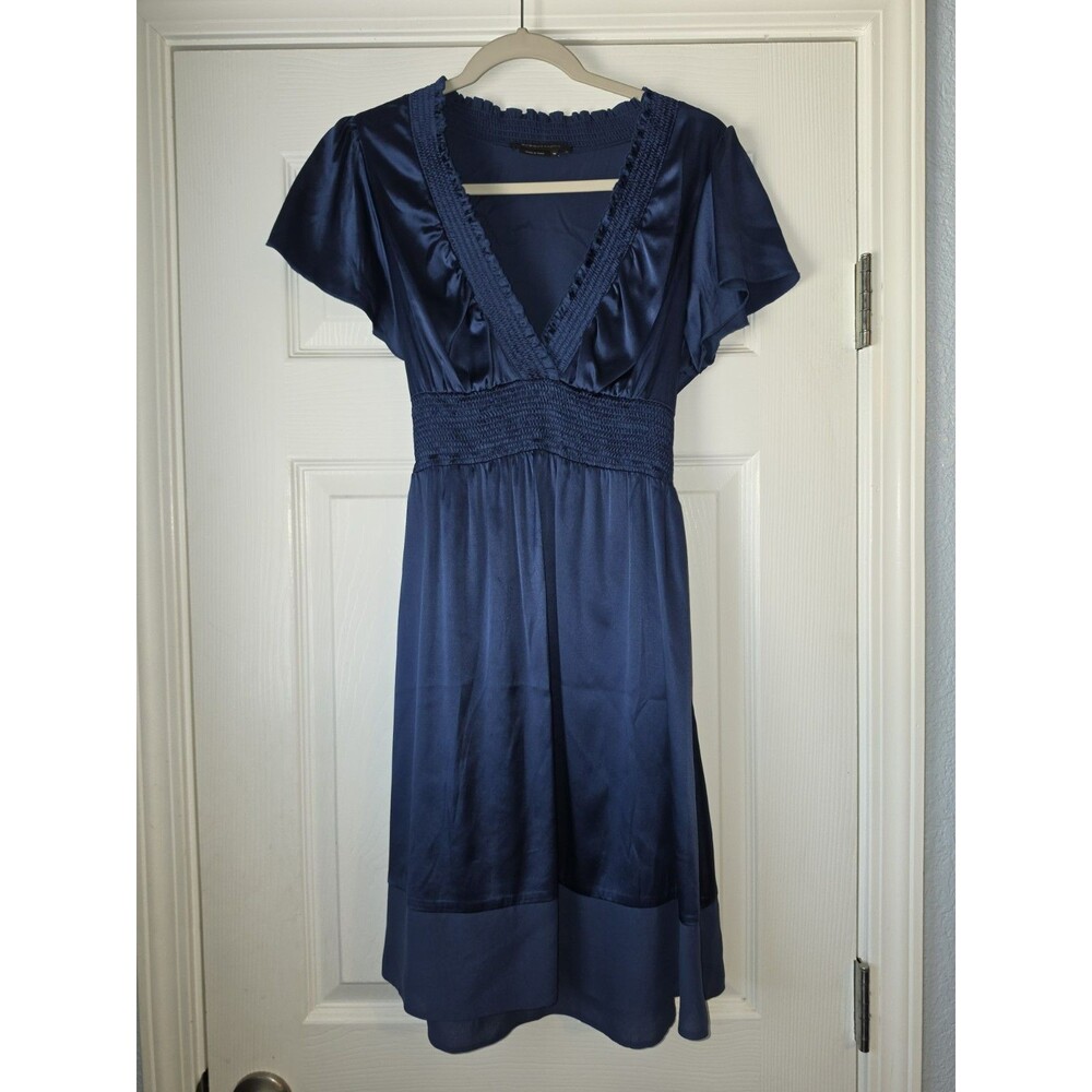 BCBGMaxazria Blue Silk V-Neck Cap Sleeve Tie Back Dress M Y2K Babydoll EUC